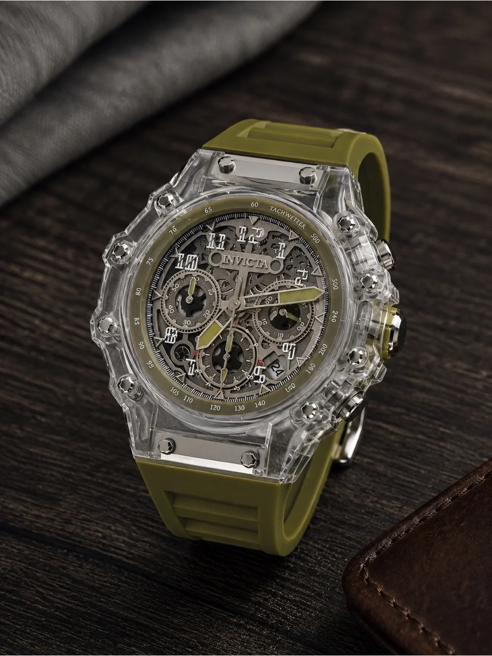 Invicta Skeleton Chronograph Watch Clear Resin Case Olive Band NWT
